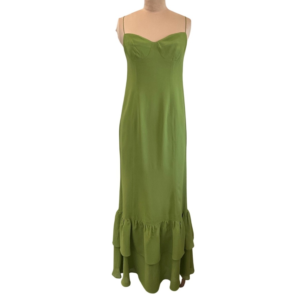 Reformation Fallon Maxi Dress Avocado Green Sweetheart Ruffle Tie Strap 4P NWT